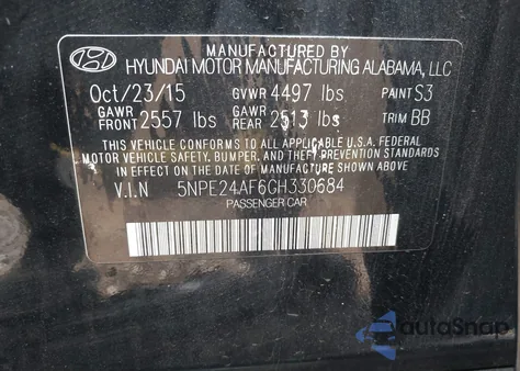 2016 Hyundai Sonata Se из США, поврежденный, VIN 5NPE24AF6GH330684